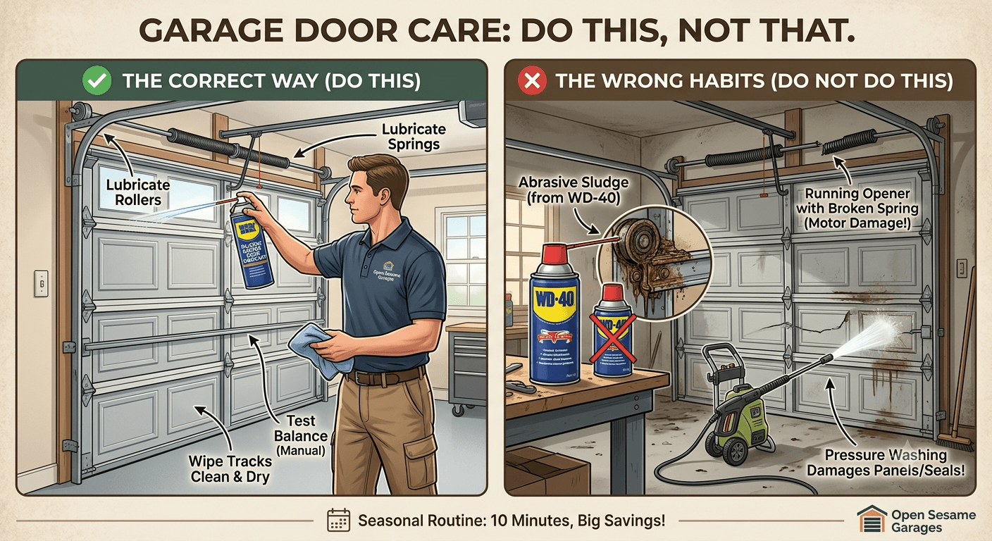 A pictorial walkthru of dos and don't do for maintaining your garage doors.