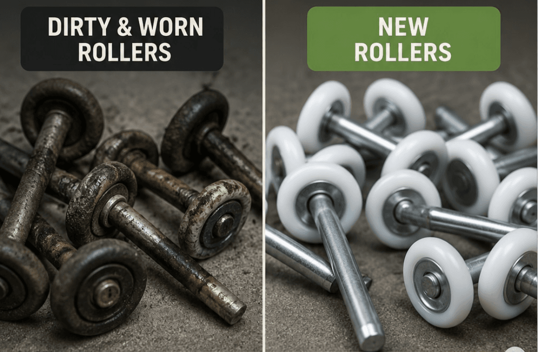 Worn, dirty steel garage door rollers removed from an Oklahoma City home next to the new nylon rollers that replaced them