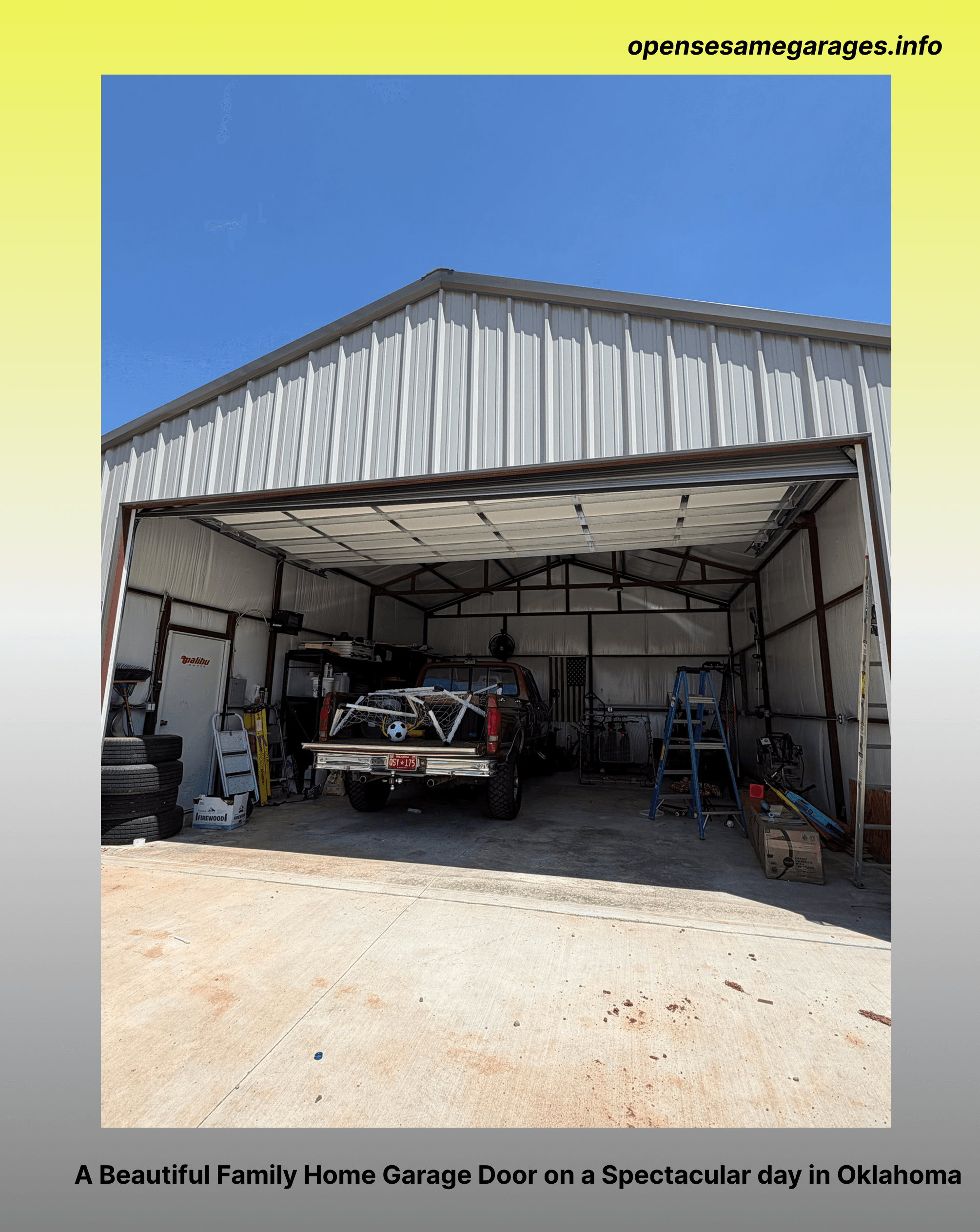 Finished garage door installed by Open Sesame Garages on a sunny Oklahoma day, closed and sitting square in the opening